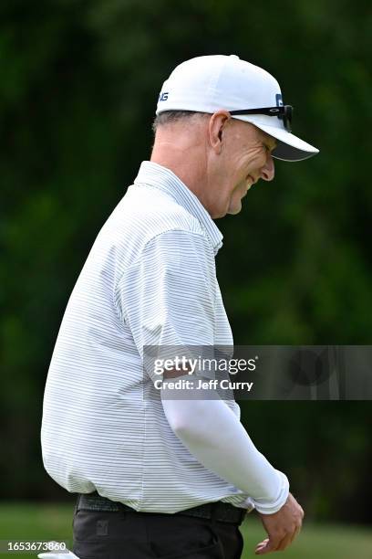 Kevin Sutherland reacts after making a eagle putt on the eighth hole during the first round of the Ascension Charity Classic at Norwood Hills Country...