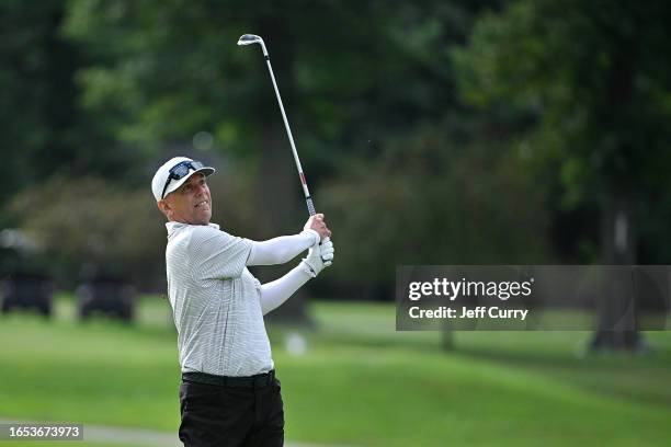 Kevin Sutherland hits his second shot on the ninth hole during the first round of the Ascension Charity Classic at Norwood Hills Country Club on...