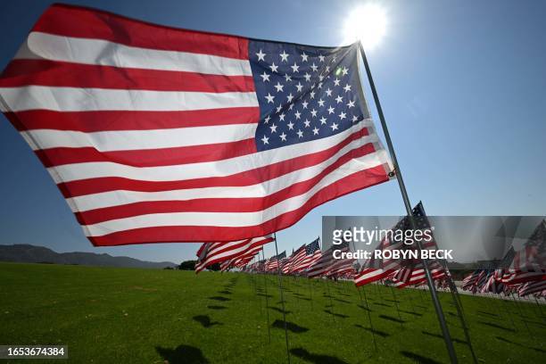 Some of the nearly 3,000 flags representing the victims of the September 11, 2001 terrorist attacks are seen on the campus of Pepperdine University...