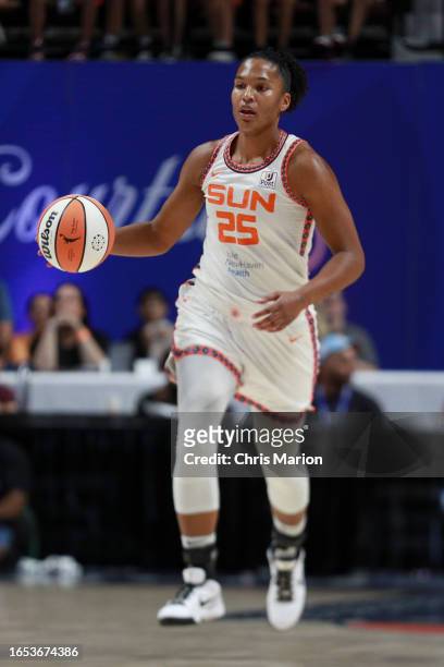 Alyssa Thomas of the Connecticut Sun dribbles the ball during the game against the Indiana Fever on September 8, 2023 at the Mohegan Sun Arena in...
