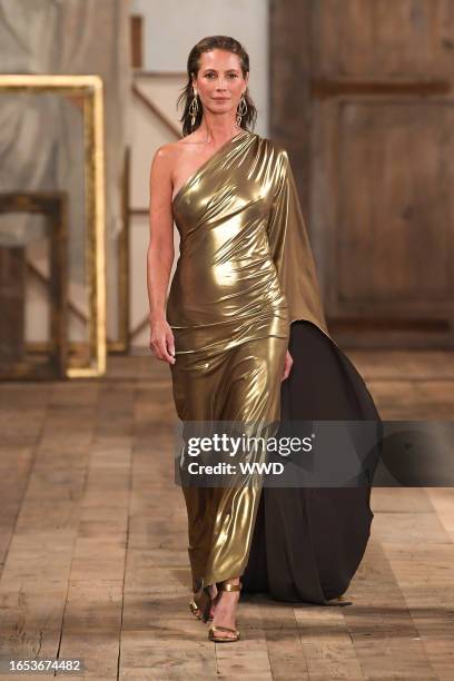 Model walks on the runway at the Ralph Lauren Spring 2024 Ready To Wear Fashion Show at the Brooklyn Navy Yard on September 8, 2023 in Brooklyn, New...