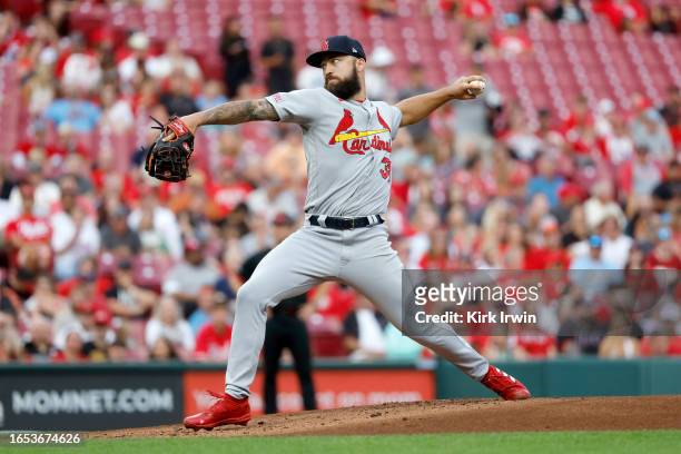 Drew Rom of the St. Louis Cardinals throws a pitch during the first inning of the game against the Cincinnati Reds at Great American Ball Park on...