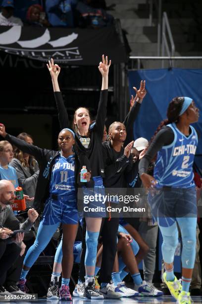 The Chicago Sky celebrate a play during the game against the Minnesota Lynx on September 8, 2023 at the Wintrust Arena in Chicago, IL. NOTE TO USER:...