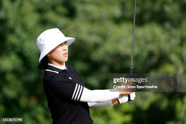 Golfer Amy Yang plays her tee shot on the 14th hole during the second round of the Kroger Queen City Championship at the Kenwood Country Club in...