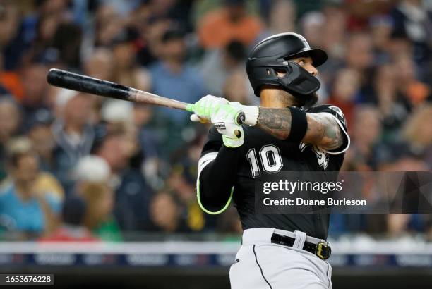 Yoan Moncada of the Chicago White Sox hits a two-run home run against the Detroit Tigers during the seventh inning at Comerica Park on September 8,...