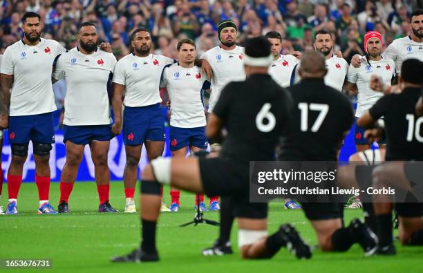 Team New Zealand performs the Haka during the Rugby World Cup France 2023 match between France and New Zealand at Stade de France on September 8,...