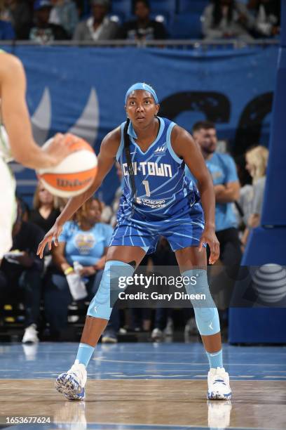 Elizabeth Williams of the Chicago Sky plays defense during the game against the Minnesota Lynx on September 8, 2023 at the Wintrust Arena in Chicago,...