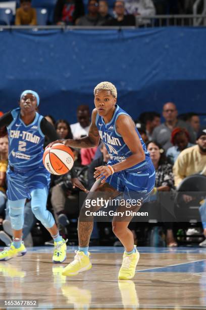 Courtney Williams of the Chicago Sky dribbles the ball during the game against the Minnesota Lynx on September 8, 2023 at the Wintrust Arena in...