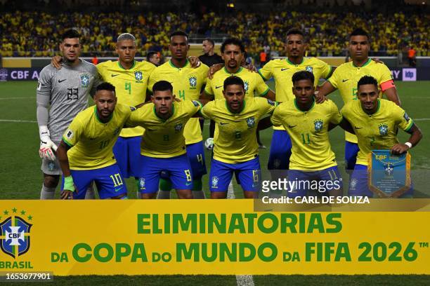 Brazilian players pose for a team photo before the 2026 FIFA World Cup South American qualifiers football match between Brazil and Bolivia at the...