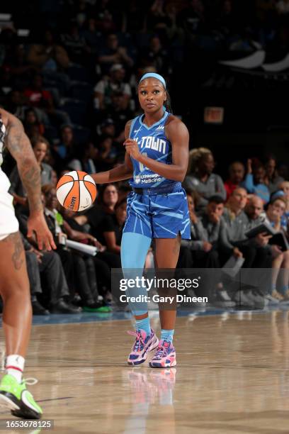 Dana Evans of the Chicago Sky dribbles the ball during the game against the Minnesota Lynx on September 8, 2023 at the Wintrust Arena in Chicago, IL....