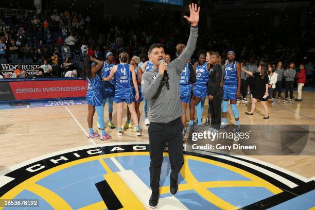 Head Coach Emre Vatansever of the Chicago Sky addresses the crowd after the game against the Minnesota Lynx on September 8, 2023 at the Wintrust...