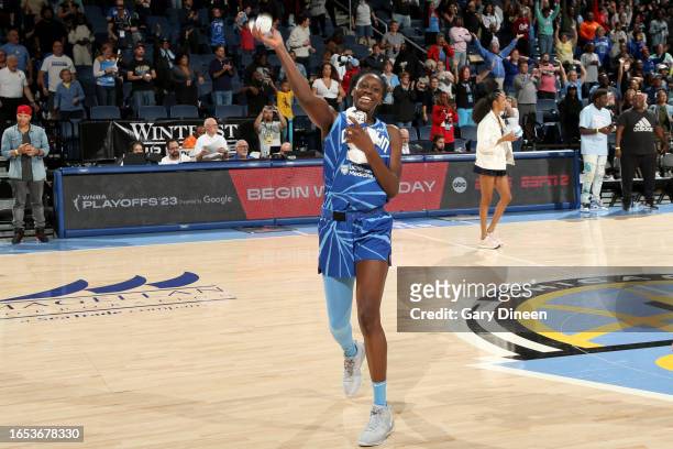 Sika Koné of the Chicago Sky throws shirts to fans after the game against the Minnesota Lynx on September 8, 2023 at the Wintrust Arena in Chicago,...