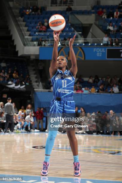 Dana Evans of the Chicago Sky shoots a free throw during the game against the Minnesota Lynx on September 8, 2023 at the Wintrust Arena in Chicago,...