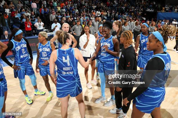 The Chicago Sky celebrate after the game against the Minnesota Lynx on September 8, 2023 at the Wintrust Arena in Chicago, IL. NOTE TO USER: User...