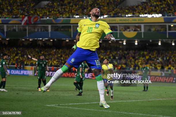 Brazil's forward Neymar celebrates after scoring a goal during the 2026 FIFA World Cup South American qualifiers football match between Brazil and...