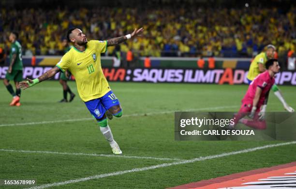 Brazil's forward Neymar celebrates after scoring a goal during the 2026 FIFA World Cup South American qualifiers football match between Brazil and...