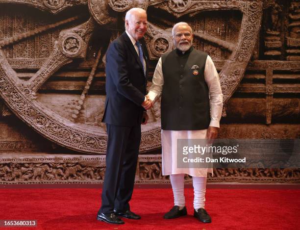 Prime Minister Narendra Modi of India welcomes US President Joe Biden for the G20 Leaders' Summit on September 9, 2023 in New Delhi, Delhi. This 18th...