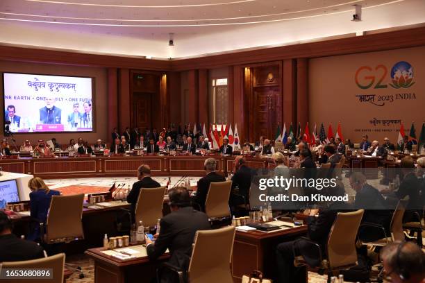 Prime Minister Narendra Modi of India speaks during the G20 Leaders' Summit on September 9, 2023 in New Delhi, Delhi. This 18th G20 Summit between 19...