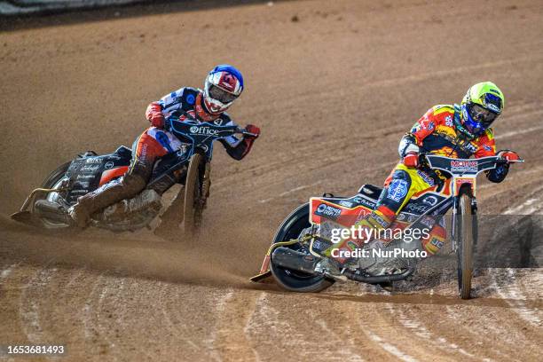 Tom Spencer leads Freddy Hodder during the National Development League match between Belle Vue Colts and Leicester Lion Cubs at the National Speedway...