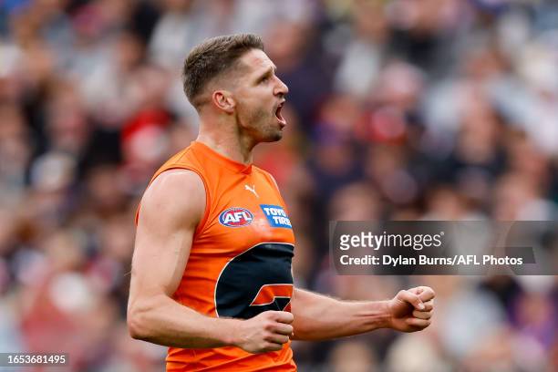 Jesse Hogan of the Giants celebrates a goal during the 2023 AFL Second Elimination Final match between the St Kilda Saints and the GWS GIANTS at...