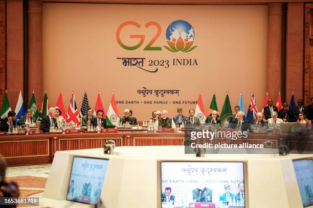 September 2023, India, Neu Delhi: Narendra Modi, Prime Minister of India, opens the first working session at the G20 Summit with the theme "One...