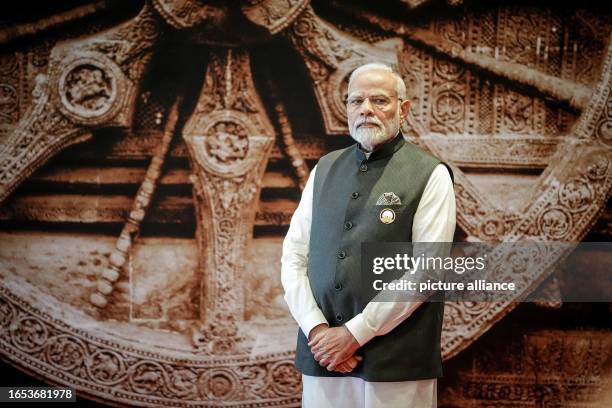 September 2023, India, Neu Delhi: Narendra Modi, Prime Minister of India, awaits his guests at the G20 Summit. The G20 group comprises leading...