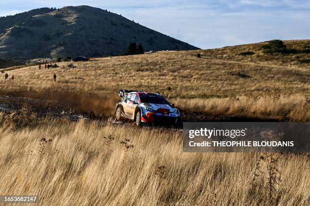 Finland's Kalle Rovanpera and his co-driver Jonne Halttunen drive their Toyota GR Yaris Rally 1 Hybrid at the special stage Livadia during the...