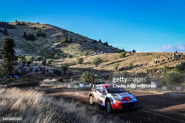 French driver Sebastien Ogier with his co-driver Vincent Landais drive their Toyota GR Yaris Rally 1 Hybrid at the special stage Pavliani during the...