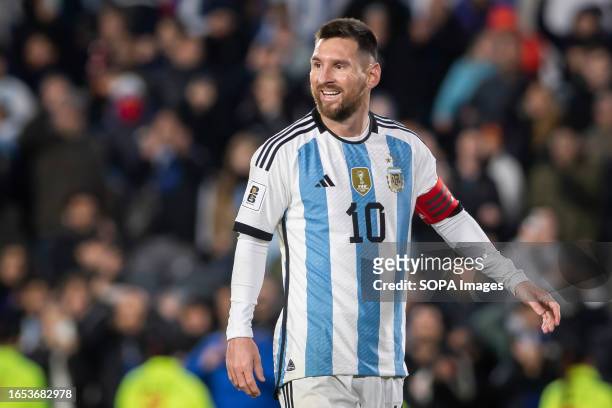 Lionel Messi of Argentina smiles during a match between Argentina and Ecuador as part of FIFA World Cup 2026 Qualifiers at Estadio Mas Monumental...