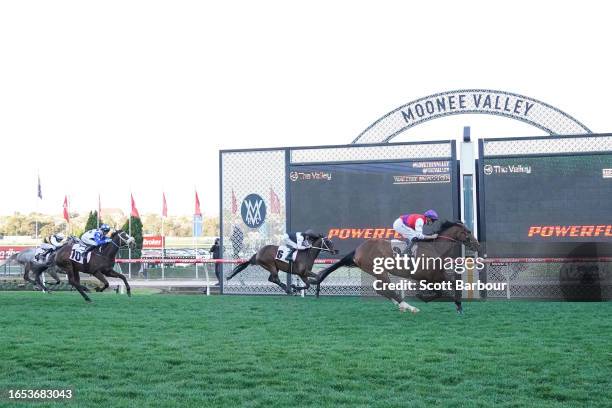 Ain'tnodeeldun ridden by Billy Egan wins the Powerflo Solutions Handicap at Moonee Valley Racecourse on September 09, 2023 in Moonee Ponds, Australia.