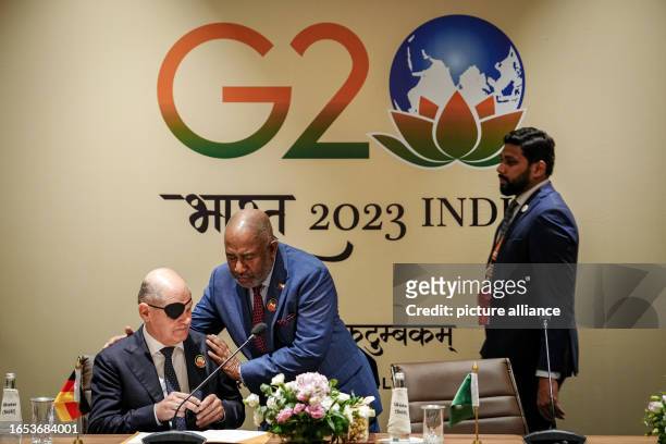 September 2023, India, Neu Delhi: German Chancellor Olaf Scholz attends the meeting with African and European heads of government at the G20 summit...
