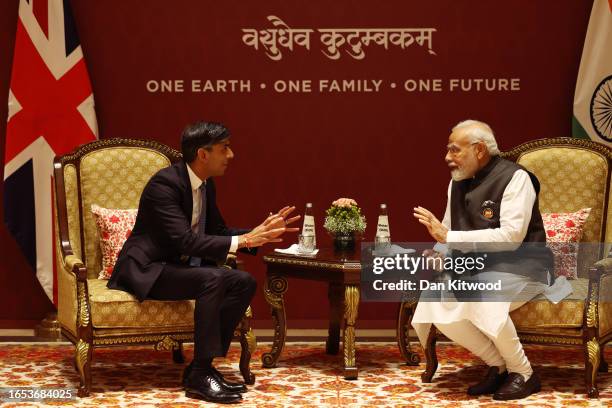 Prime Minister Narendra Modi of India holds a bilateral meeting with British Prime Minister Rishi Sunak during the G20 Leaders' Summit on September...