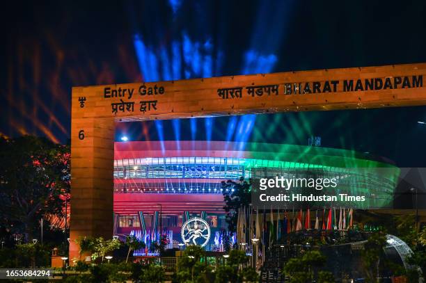 An Illuminated with Tricolour view of Bharat Mandapam at Pragati Maidan during the G20 Summit on September 8, 2023 in New Delhi, India.