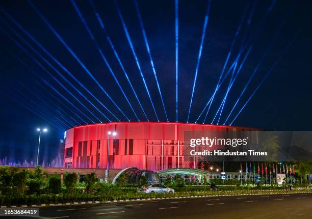 An Illuminated view of Bharat Mandapam at Pragati Maidan during the G20 Summit on September 8, 2023 in New Delhi, India.