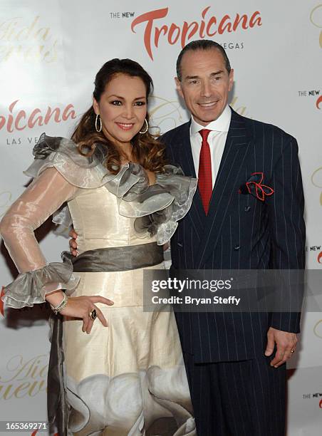 Latin Grammy Award-winning Mexican singer Aida Cuevas and the New Tropicana Las Vegas Chairman and CEO Alex Yemenidjian attend a press conference...