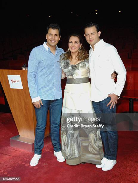 Singer Rodrigo Cuevas, Latin Grammy Award-winning Mexican singer Aida Cuevas and singer Diego Cuevas attend a press conference announcing Aida...