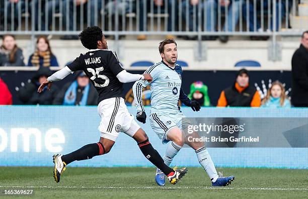 Bobby Convey of Sporting Kansas City prepares to head the ball during the MLS game against the Philadelphia Union at PPL Park on March 2, 2013 in...