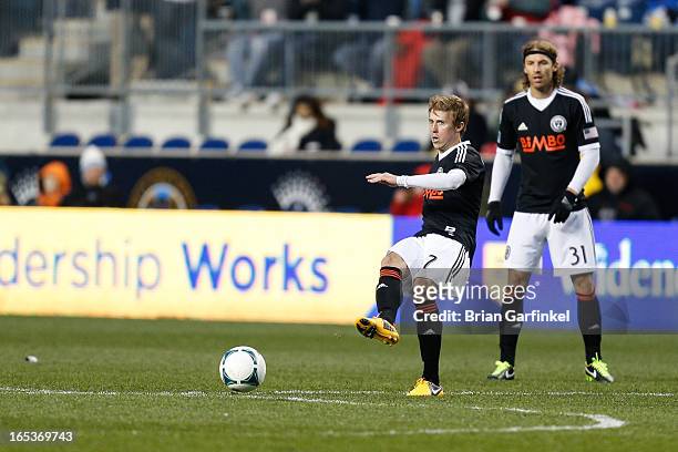 Brian Carroll of Philadelphia Union kicks the ball during the MLS game against the Sporting Kansas City at PPL Park on March 2, 2013 in Chester,...