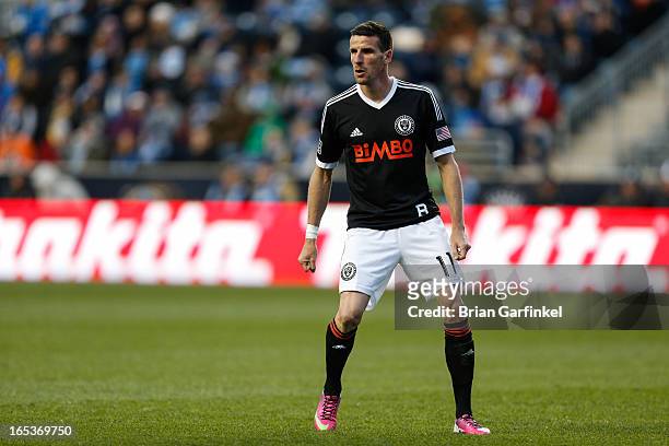 Sebastien Le Toux of Philadelphia Union looks on during the MLS game against the Sporting Kansas City at PPL Park on March 2, 2013 in Chester,...