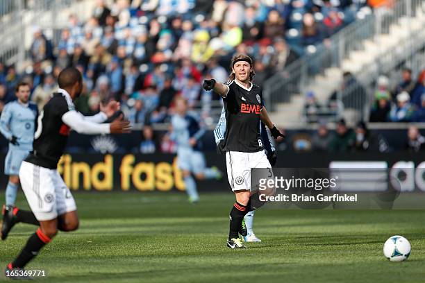 Jeff Parke of Philadelphia Union shouts to a teammate during the MLS game against the Sporting Kansas City at PPL Park on March 2, 2013 in Chester,...