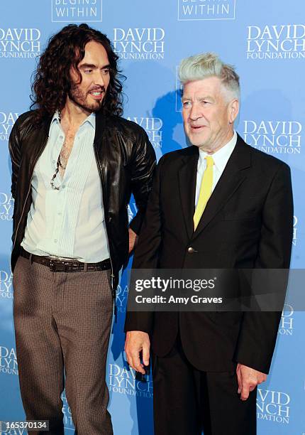 Rusell Brand and David Lynch attend the "Meditation In Education" Global Outreach Campaign Event at The Billy Wilder Theater at the Hammer Museum on...