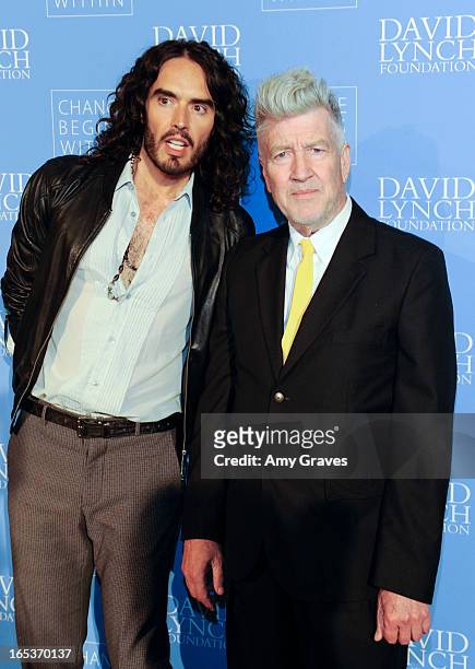 Rusell Brand and David Lynch attend the "Meditation In Education" Global Outreach Campaign Event at The Billy Wilder Theater at the Hammer Museum on...