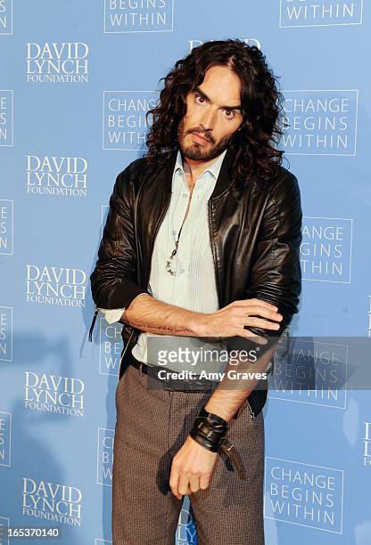 Russell Brand attends the "Meditation In Education" Global Outreach Campaign Event at The Billy Wilder Theater at the Hammer Museum on April 2, 2013...