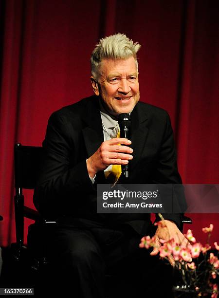 David Lynch addresses the audience at the Q&A at the "Meditation In Education" Global Outreach Campaign Event at The Billy Wilder Theater at the...