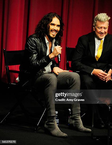 Russell Brand and David Lynch address the audience during the Q&A at the "Meditation In Education" Global Outreach Campaign Event at The Billy Wilder...