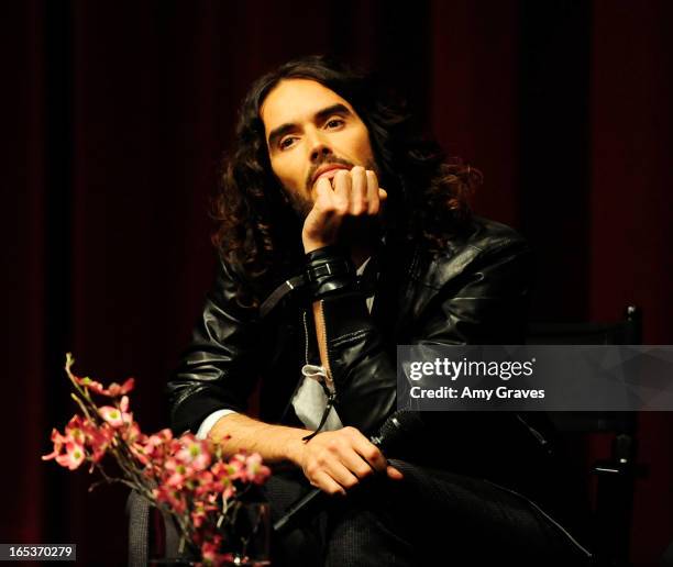 Russell Brand moderates the Q&A at the "Meditation In Education" Global Outreach Campaign Event at The Billy Wilder Theater at the Hammer Museum on...