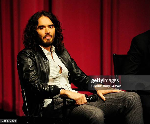 Russell Brand moderates the Q&A at the "Meditation In Education" Global Outreach Campaign Event at The Billy Wilder Theater at the Hammer Museum on...