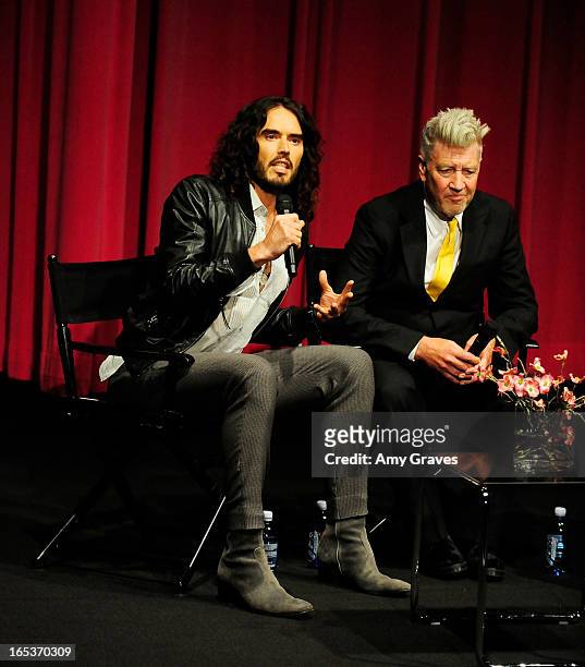 Russell Brand and David Lynch address the audience during the Q&A at the "Meditation In Education" Global Outreach Campaign Event at The Billy Wilder...