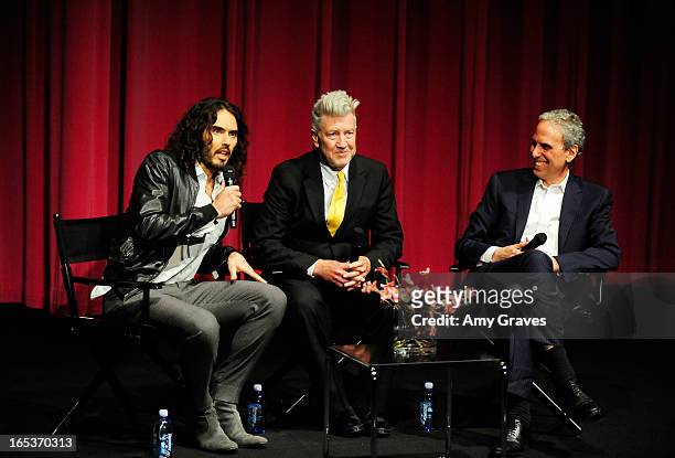 Russell Brand, David Lynch and Robert Roth address the audience during the Q&A at the "Meditation In Education" Global Outreach Campaign Event at The...