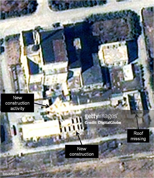 This is a satellite image of the 5 MWe Reactor at Yongbyon Nuclear Complex in North Korea collected on March 27, 2013.